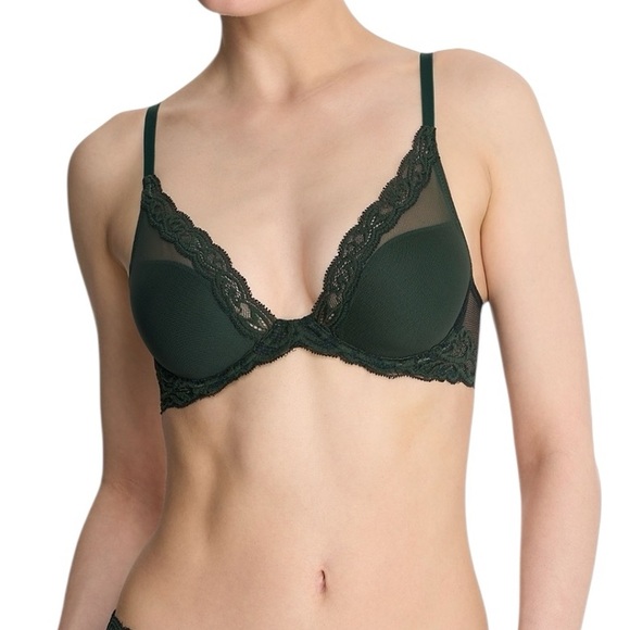 Natori Feathers Contour Plunge T-Shirt Underwire Bra Dark Forest Green 36B New - Picture 2 of 5